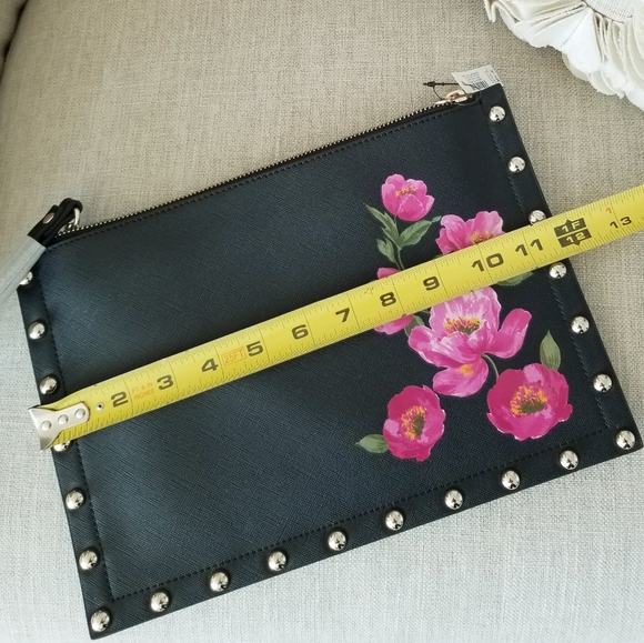 White House Black Market Black  Leather Silver Studded Pink Floral Clutch NWT - Picture 3 of 9